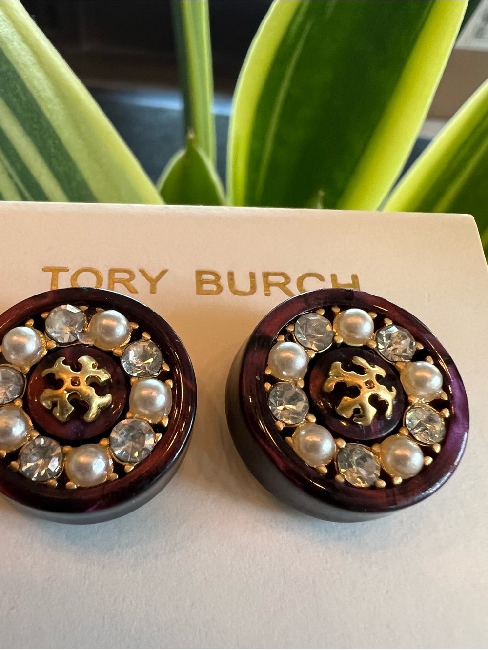 Tory Burch Purplish/Burgundy Pearl & Crystal Logo Button Earrings